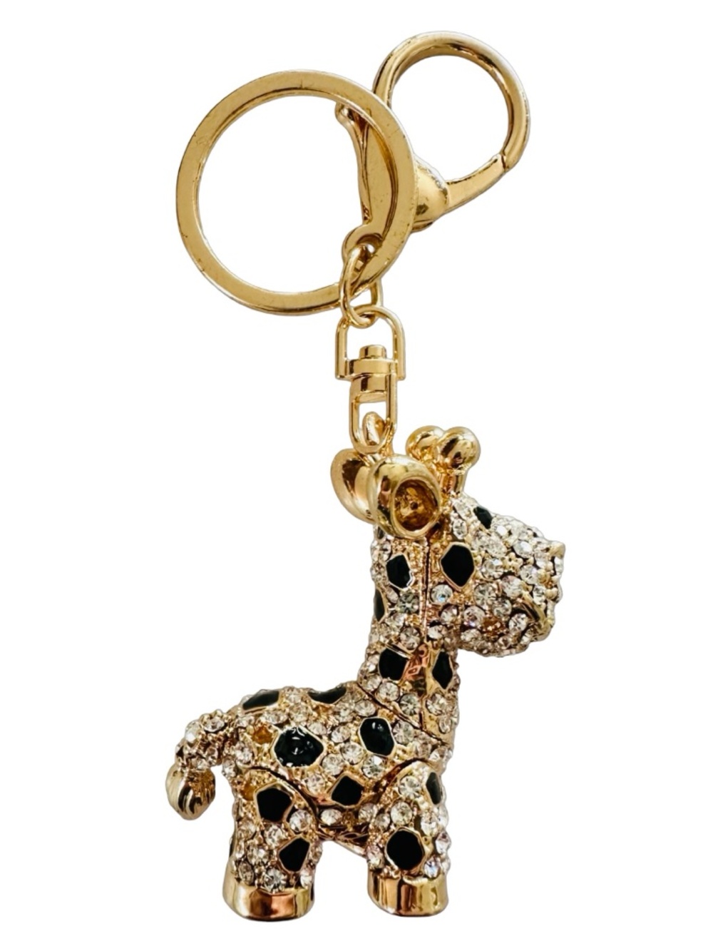 Gold-tone Black Enameled Jeweled Giraffe Keychain Ring Handbag Charm 4” Luxury